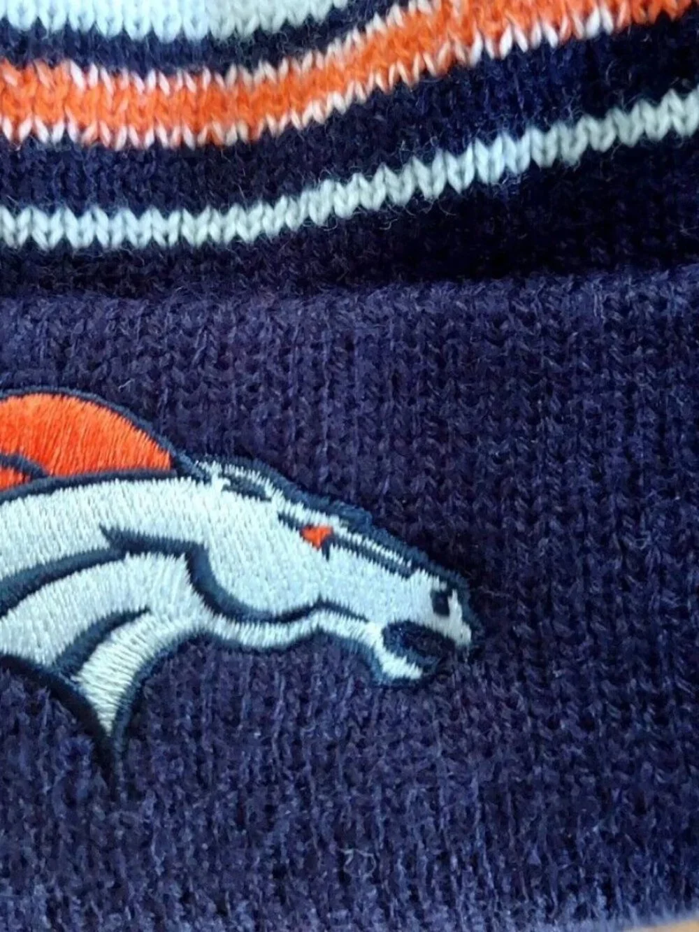 Denver Broncos Kids Hat Blue Orange Stripe Knit Roll Cuff Pom Embroidered Logo